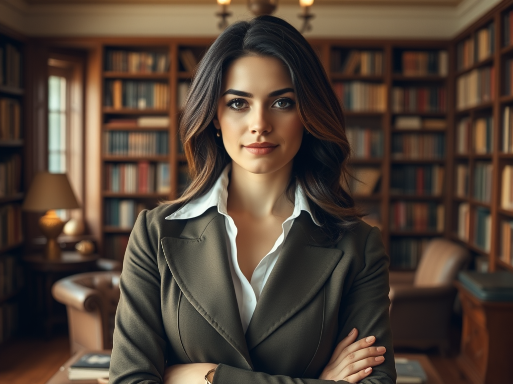 Een professionele vrouw met lang, golvend haar, staat met armen gekruist in een bibliotheek met boekenplanken.