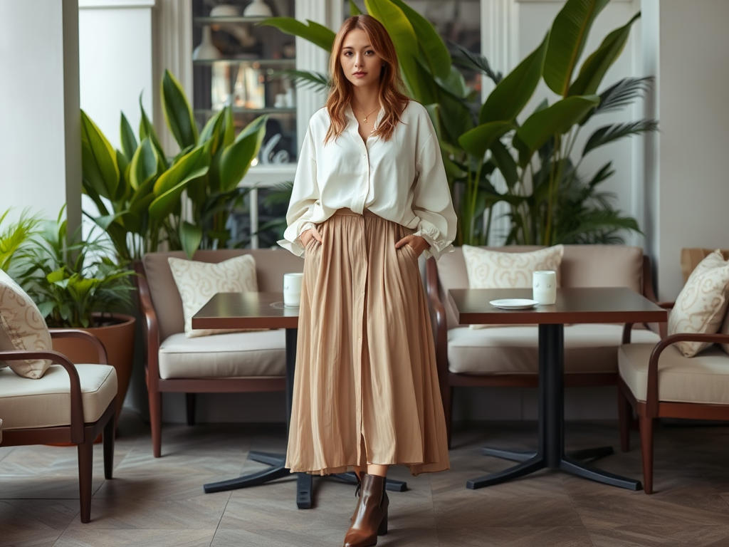 Een vrouw in een lichte blouse en een lange, beige rok staat in een stijlvolle, groene ruimte met planten.