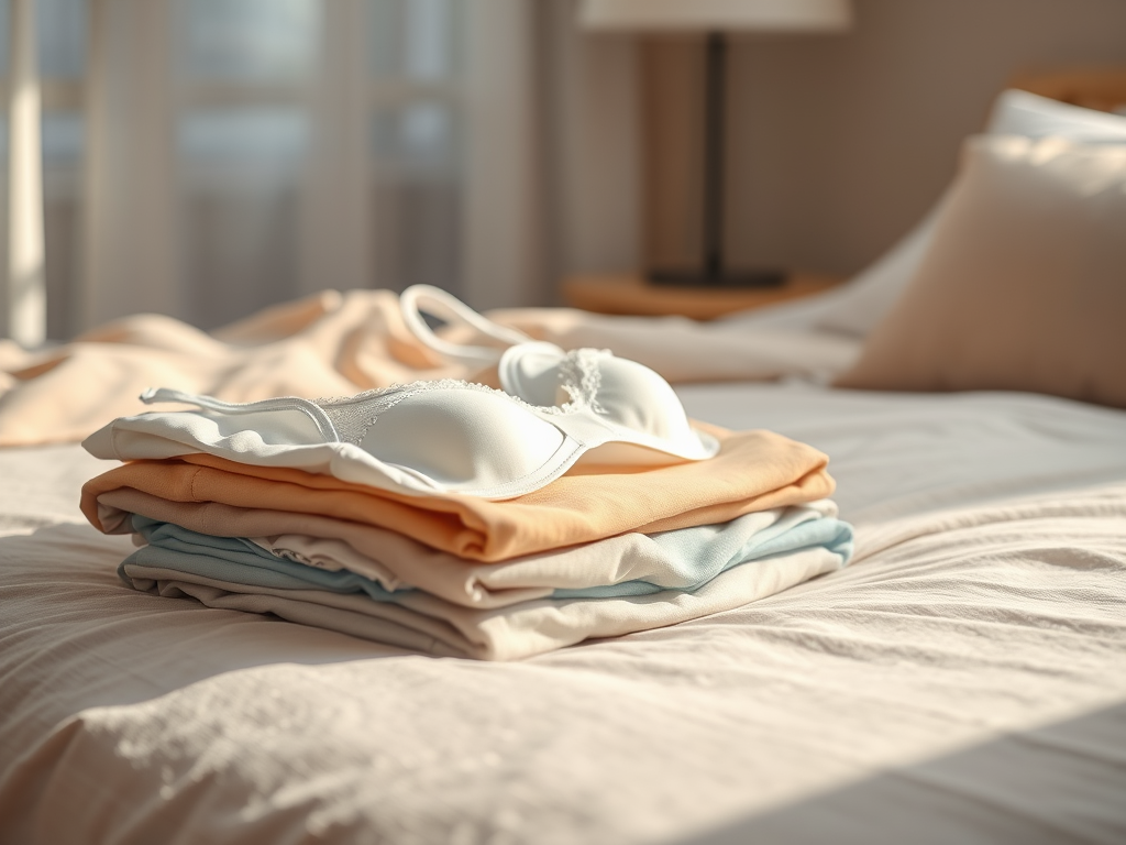 Een stapel geklede kleding en een witte bh liggen op een bed bij natuurlijk licht.