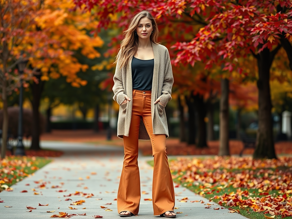 Een vrouw in een beige cardigan en oranje broek staat op een pad omringd door herfstbladeren.