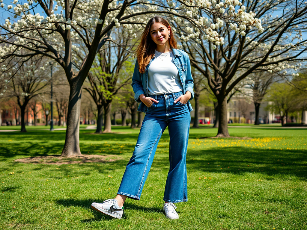 Een vrouw staat op een grasveld in denim met bloeiende bomen op de achtergrond, met een glimlach op haar gezicht.