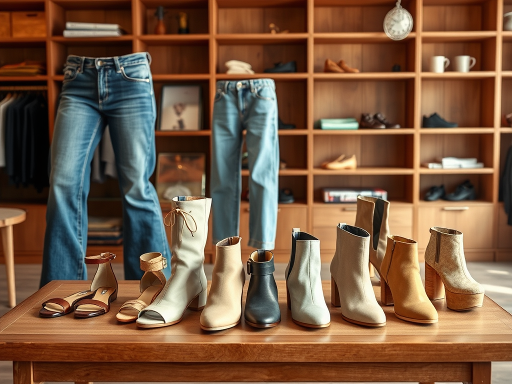 Een stijlvolle display van schoenen met een paar spijkerbroeken erachter in een moderne winkelomgeving.